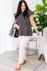 Black Leopard Print Ruffled Short Sleeve Keyhole Back Tiered Flowy Plus Size Blouse